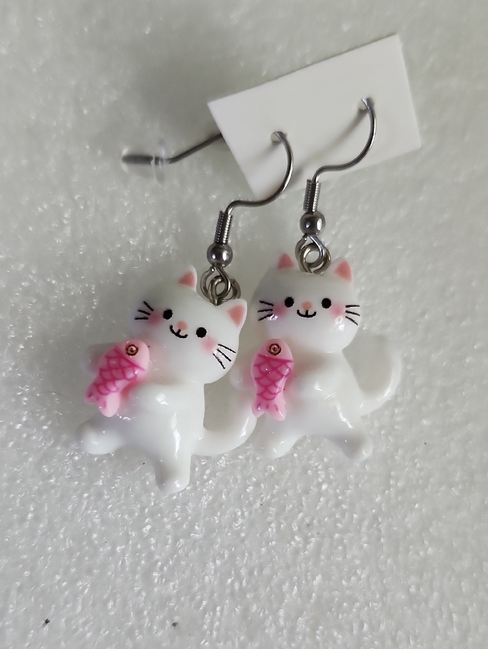 Hand Crafted White Cat Earrings with Pink Fish